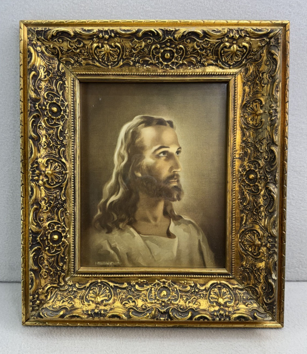 Vintage Jesus Portrait Print Ornate Gold Frame Christian Religious Wall Art